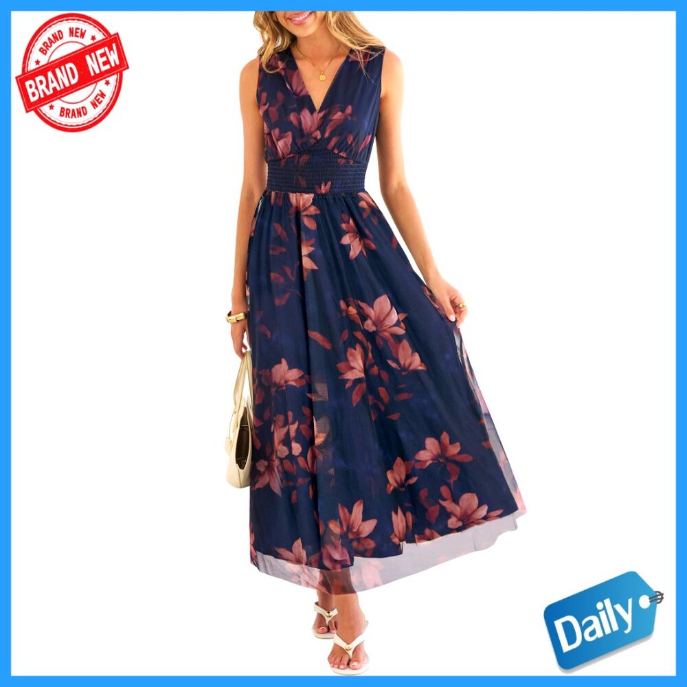 Summer Maxi Dress V-Neck Sleeveless A-Line Tulle Wedding Guest Casual